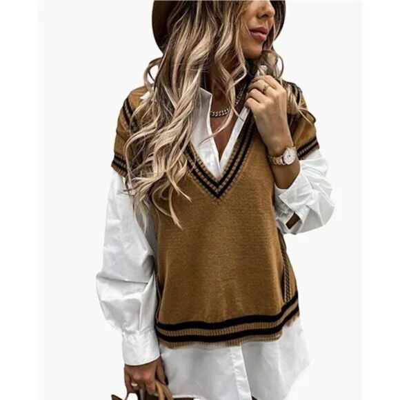Brown Striped Knit V-Neck Oversized Sleeveless Square Pullover Sweater Vest - Picture 4 of 8